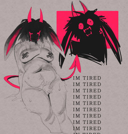 anthro black_hair bodily_fluids body_hair breasts creepy_face crying crying_blood dreadlocks ears_down fangs female glare grey_background hair hands_on_ground happy_trail horn horror_(theme) leg_tuft long_tail love_handles medium_breasts medium_hair mouthless narrowed_eyes navel nipple_tape nipple_tape_only open_mouth pasties pivoted_ears pubes red_eyes red_horn red_sclera red_tail scary shadow_face sharp_teeth silhouette simple_background sitting solo spade_tail tail tape tears teeth text thick_thighs tired tuft vent_art wide_hips wolfertinger dante_(wolfertinger) demon lagomorph leporid mammal rabbit 2025 english_text hi_res partially_colored shaded sketch soft_shading trans_(lore) trans_man_(lore)