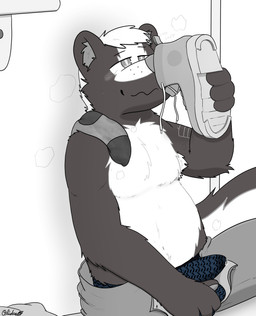 anthro armpit_hair blush bodily_fluids body_hair boots bottomwear clothed clothing dripping erection erection_under_clothing footwear fur genital_fluids hair leaking_precum male musk musk_cloud precum precum_drip scent_play shoe_fetish shoe_sniffing shoes simple_background sitting sitting_on_ground smelling_shoe smelly smelly_socks smile sniffing sniffing_clothes sock_fetish solo sweat tail tenting text tuft underwear white_body olidre olidre_(olidre) mammal mephitid skunk absurd_res black_and_white digital_media_(artwork) english_text hi_res monochrome