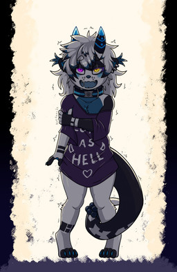 2_horns anthro arm_grab beads bent_legs black_body black_fur blue_body blue_fur blush bottomless bottomless_anthro clothed clothing collar ear_piercing eyelashes fur glowing glowing_eyes heterochromia horn looking_at_viewer male oversized_clothing piercing ring_piercing scar shaking shirt shirt_only smile solo topwear topwear_only tremble_spikes trembling white_body white_fur nekrozs nekrozs_(character) demon mammal mustelid otter hi_res