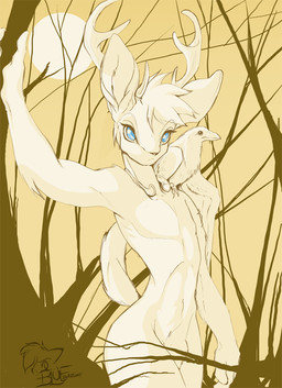 anthro antlers blue_eyes casual_nudity domestic_pet duo featureless_crotch feral furries_with_pets horn male monotone_background nude pose simple_background solo_focus sun tail tail_tuft tasteful_nudity tuft young peritian avian bird corvid corvus_(genus) deer mammal oscine passerine raven pinup