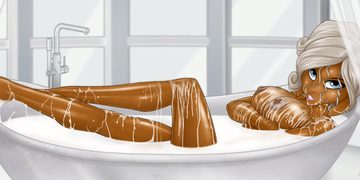 areola bath bathroom bathtub blonde_hair blue_eyes breasts brown_body brown_skin dark_body dark_skin female hair hooved_plantigrade hooved_toes hooves milk milk_bath nipples plantigrade solo white_hair seriousb marissa_(seriousb) bovid caprine goat mammal hi_res