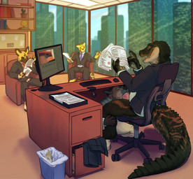 anthro biped black_clothing black_suit bodily_fluids bookshelf bottomless building camera chair clothed clothing computer_keyboard computer_monitor computer_mouse desk dominant dominant_anthro dominant_male erection fellatio formal_wear furniture genitals group hypnosis kneeling kneeling_oral_position male male/male mind_control office office_chair on_chair open_mouth oral penile penis reading recording ringed_eyes saliva sex sitting sitting_on_chair skyscraper stealth_sex stream_chat submissive submissive_anthro submissive_male suit table tail teeth text thick_tail trash_can under_table unprofessional_behavior vein veiny_penis webcam window dominohyena dominohyena_(character) african_wild_dog canid canine cheetah crocodile crocodilian felid feline hyena mammal reptile scalie absurd_res english_text hi_res