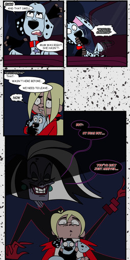 black_spots duo elderly_female female feral fur hair male multicolored_hair speech_bubble spots two_tone_hair white_body white_fur redundantmodule 101_dalmatian_street 101_dalmatians disney cruella_de_vil dylan_(101_dalmatians) hunter_de_vil canid canine canis dalmatian domestic_dog human mammal absurd_res comic hi_res