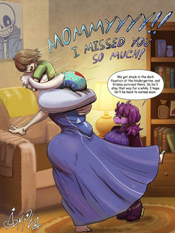 ambiguous_gender anthro bottomwear breasts brown_hair clothed clothing detailed_background dialogue diaper eyes_closed female fingers fur group hair hug jacket long_hair open_mouth purple_body purple_hair robe shirt small_comic smile speech_bubble text topwear trio wearing_diaper white_body white_fur white_hair ai_assisted ai_generated_background arita_tian deltarune undertale_(series) kris_dreemurr susie_(deltarune) toriel bovid caprine human mammal reptile scalie 2026 absurd_res colored comic digital_drawing_(artwork) digital_media_(artwork) english_text hi_res signature
