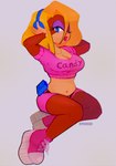 anthro blonde_hair blue_eyes breasts brown_body brown_fur cleavage clothed clothing electronics eyeshadow female footwear fur hair headphones lipstick makeup navel shoes simple_background solo spudenski donkey_kong_(series) nintendo candy_kong haplorhine mammal monkey primate 2022 hi_res signature