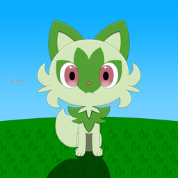 feral fur grass green_body green_fur looking_at_viewer plant simple_background sitting solo text cyrildraws nintendo pokemon generation_9_pokemon pokemon_(species) sprigatito 1:1 2026 artist_name digital_media_(artwork) hi_res shaded signature