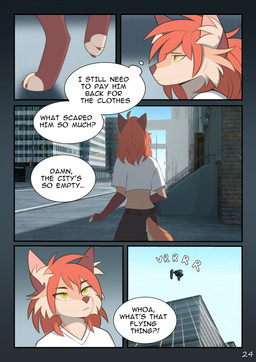 anthro barefoot blue_sky bottomwear building city cityscape claws clothing digitigrade ear_tuft ears_up feet female frown glass_window green_eyes hair looking_up outside pants paws pupils red_hair red_pupils shirt sky skyscraper solo tail text toe_claws topwear traffic_light tuft walking white_clothing white_shirt white_topwear rednroge kiri_igness canid canine canis fox mammal comic english_text hi_res