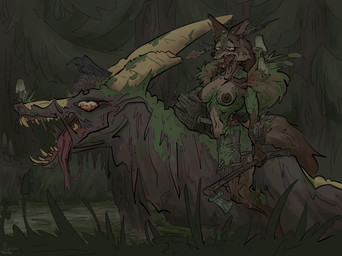 anthro axe breasts female forest_background gore nipplesshowing nude solo swamp undeadcharacter weapon zombiegirl klukovica canid canine fox mammal monster undead unknown_species zombie absurd_res hi_res