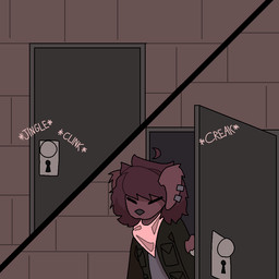 anthro black_clothing black_jacket black_topwear brown_body brown_fur brown_hair clothing door ear_piercing floppy_ears fur grey_clothing grey_shirt grey_topwear hair jacket kerchief male onomatopoeia opening_door piercing pink_kerchief shirt solo sound_effects text topwear ashblondekittyy rex_(ashblondekittyy) canid canine canis domestic_dog mammal 1:1 comic