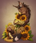 ambiguous_gender anthro arm_tuft beak brown_body brown_claws brown_fur brown_mane cheek_tuft claws closed_smile dipstick_beak elbow_tuft eyes_closed facial_tuft finger_claws flower fur hug leg_markings mane markings mouth_closed neck_tuft pawpads plant red_pawpads simple_background sitting smile socks_(marking) solo spots spotted_arms spotted_body spotted_fur spotted_legs spotted_neck sunflower toe_claws tuft yellow_beak santanahoffman mythology avian gryphon mythological_avian mythological_creature 2024 absurd_res artist_name dated hi_res