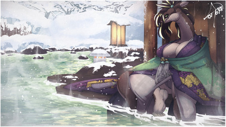 5_fingers anthro asian_clothing big_breasts big_tail biped breasts butt camel_toe cleavage clothed clothing curvy_figure detailed_background facial_scar feet female fingers glowing glowing_eyes green_eyes green_hair hair hand_on_tail hot_spring huge_breasts huge_tail huge_thighs lamp lantern long_neck long_tail multicolored_body nails narrowed_eyes non-mammal_breasts outside overweight overweight_anthro overweight_female pattern_clothing robe robe_only scales scar skimpy slightly_chubby slightly_chubby_female smile snow solo steam tail thick_thighs tied_hair toes two_tone_body two_tone_tail ventral_scales voluptuous voluptuous_anthro voluptuous_female water wide_hips atokitsune chinese_zodiac year_of_the_snake sarin_(atokitsune) reptile scalie snake 16:9 2024 4k absurd_res hi_res signature widescreen