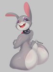 anthro ball_gag big_butt biped bodily_fluids butt collar crossed_arms drooling eyelashes female fur gag grey_body grey_fur huge_butt open_mouth open_smile pupils purple_eyes saliva smile solo spiked_collar spikes thick_thighs three-quarter_view bombcat14 disney zootopia judy_hopps lagomorph leporid mammal rabbit absurd_res hi_res