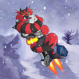 3_eyes black_boots black_bottomwear black_clothing black_footwear black_shorts black_stripes boots bottomwear clothing cuddling cybernetic_eye cybernetic_limb cybernetic_tail cybernetics duo flying footwear fur grey_body grey_fur machine male male/male multi_eye red_body red_fur rocket_boots shoes shorts snow snowing snowing_outside snowscape stripes overkelion nintendo pokemon tahu_(incineroar) zalno generation_7_pokemon incineroar pokemon_(species) 1:1 hi_res