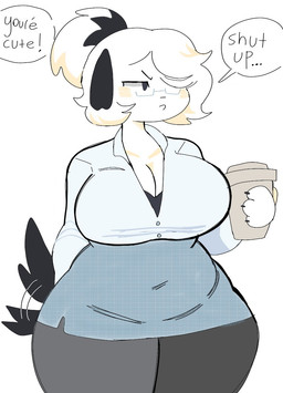 anthro big_breasts biped black_claws black_ears black_tail blue_clothing blue_dress bottomwear breasts breath claws clothed clothing coffee_mug compliment dress eyewear female female_anthro floppy_ears front_view fur glasses grey_bottomwear grey_clothing grey_topwear grumpy hair hair_over_eye half-closed_eyes hand_behind_back holding_coffee_mug huge_breasts kemono looking_away multicolored_hair narrowed_eyes one_eye_obstructed ponytail secretary simple_background solo speech_bubble standing tail tail_motion tailwag text topwear two_tone_hair white_background white_body white_fur white_hair wide_hips puppkittyfan1 pepper_(fawnpawss) canid canine canis domestic_dog mammal 2021 digital_media_(artwork) english_text hi_res portrait shaded simple_shading three-quarter_portrait