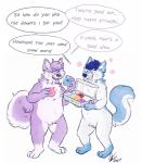 2017 anthro belly black_nose blue_body blue_fur blue_hair blue_nose canid canine canis countershading dessert dialogue digital_drawing_(artwork) digital_media_(artwork) domestic_dog doughnut duo eating ellipsis english_text featureless_crotch food frosting fur hair hi_res husky hybrid inner_ear_fluff male mammal markings multicolored_body multicolored_fur multicolored_tail nordic_sled_dog nude open_mouth overweight purple_body purple_fur raccoonkind simple_background sky_(xenonwolf) slightly_chubby smile speech_bubble spitz tail teeth text thick_thighs tuft two_tone_body two_tone_fur weight_gain white_background white_body white_fur wintie wolf