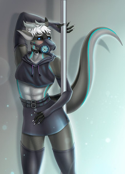 anthro belt blush bottomwear clothed clothing collar crop_top dancing femboy furgonomics gas_mask gloves glowing glowing_eyes glowing_markings hair handwear hoodie horn humiliation legwear male markings mask pole pole_dancing shirt skirt solo stockings tail tail_through_skirt topwear yokokato mythology xargos dragon mythological_creature mythological_scalie scalie hi_res