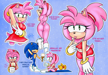 accessory anthro armpit_fetish blue_background boots bottomwear bracelet breasts butt clothing crop_top dessert dialogue dolphin_shorts dress dumbbell duo female food footwear fur gloves green_eyes hair hair_accessory hairband handwear ice_cream jewelry looking_at_viewer looking_back male narrowed_eyes nude nude_female pink_body pink_fur ponytail raised_arm shirt shoes shorts simple_background socks spread_armpit tail tail_motion tailwag text tongue tongue_out topwear weights onefinitya sega sonic_the_hedgehog_(series) amy_rose eulipotyphlan hedgehog mammal english_text hi_res