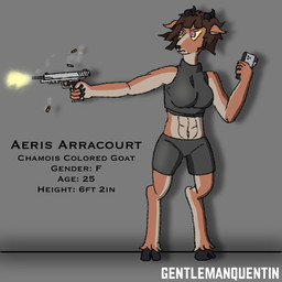abs anthro athletic athletic_anthro athletic_female black_horn black_nose bottomwear bra brown_body brown_fur brown_hair bullet_casing captions cellphone clothed clothing crop_top electronics female fur grey_bottomwear grey_clothing grey_topwear gun hair handgun holding_gun holding_object holding_ranged_weapon holding_weapon hooves horn m1911 midriff multicolored_body multicolored_fur phone pistol ranged_weapon shell_casings shirt shooting shorts simple_background smartphone sports_bra sportswear standing tan_body tan_fur text topwear underwear unguligrade weapon gentlemanquentin colt's_manufacturing_company aeris_arracourt_(gentlemanquentin) bovid caprine goat mammal 1:1 2025 english_text hi_res