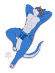 abs anthro bulge clothed clothing jockstrap male muscular muscular_anthro muscular_male pecs pose reclining simple_background solo topless underwear white_background ceowolf bandai_namco digimon nhl vancouver_canucks fan_character kirkus digimon_(species) flamedramon scalie hi_res pinup signature