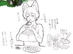 ?! anthro bare_shoulders big_breasts blush blush_lines breasts chopsticks clothed clothing directional_arrow dumplings eating exclamation_point eyes_closed female food musical_note musical_symbol open_mouth simple_background solo surprise symbol text whiskers white_background kemonon domestic_cat felid feline felis mammal japanese_text sketch translation_request