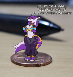 annoyed anthro big_breasts breasts coin crossed_arms female fur fur_markings huge_breasts hyper hyper_breasts markings micro photo_background shrinking size_transformation solo transformation mattythemouse squishi dana_(squishkid) canid canine fox genie mammal absurd_res hi_res photography_(artwork)