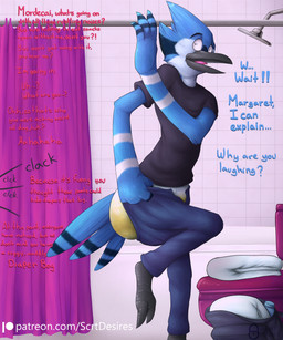 ageplay anthro avian_feet bathroom beak biped black_clothing blue_body blue_clothing blue_eyes blue_feathers bodily_fluids bottomwear caught_in_the_act clothed clothing dialogue diaper diaper_fetish feathers feces feet genital_fluids graffiti infantilism logo looking_at_viewer male offscreen_character open_mouth pants partially_clothed roleplay scatplay shirt shower soiled_diaper soiling solo t-shirt tail tail_feathers text toes toilet topwear touching_diaper unclean_diaper urine used_diaper watersports wearing_diaper wet_diaper wetting white_body secret_desires cartoon_network regular_show mordecai_(regular_show) avian bird blue_jay corvid jay_(bird) new_world_jay oscine passerine 5:6 absurd_res digital_media_(artwork) english_text hi_res url