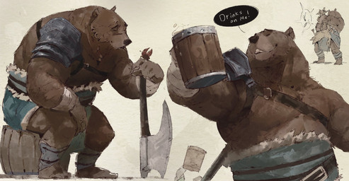 anthro axe black_nose brown_body brown_fur duo eyes_closed fur humanoid_hands kemono male melee_weapon musclegut muscular scar sitting solo text weapon bernie_burr bear mammal 2022 english_text hi_res