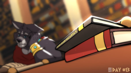 anthro armlet black_nose blue_eyes blurred_background book bracelet brooch clothed clothed_anthro clothed_male clothing depth_of_field dutch_angle fur furniture grey_body grey_fur hand_on_head jewelry library light light_beam male male_anthro reading sad scroll solo sunbeam sunlight table soradezwolfox adastra adastra_(series) echo_project amicus_(adastra) canid canine canis mammal wolf 16:9 2024 digital_drawing_(artwork) digital_media_(artwork) hi_res shaded soft_shading widescreen