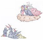 after_transformation avian_feet blush claws duo egg embarrassed feathered_wings feathers female feral gender_transformation head_crest heart_symbol love male mtf_transformation nest simple_background tail tail_feathers transformation trapped_in_clothing white_background wings rainbowraven nintendo pokemon avian braviary generation_3_pokemon generation_5_pokemon pokemon_(species) swellow hi_res father_(lore) mother_(lore) mother_and_father_(lore) parent_(lore)