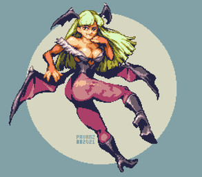 bangs bat_wings blue_eyes boots breasts cleavage clothed clothing corset detailed_background female footwear green_hair hair hand_under_chin head_wings high_heeled_boots high_heels legwear light_body light_skin lingerie long_hair looking_aside membrane_(anatomy) membranous_wings shoes smile solo tights topwear unusual_wing_placement wings pavanz capcom darkstalkers morrigan_aensland humanoid vampire digital_media_(artwork) pixel_(artwork)