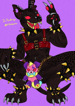 anthro black_body black_fur bracelet claws clothing collar crouching ear_piercing facial_piercing female fur gesture hairless hand_gesture harness jewelry navel navel_piercing no_pupils pawpads piercing plushie red_eyes red_pawpads ring_piercing simple_background smile solo spiked_bracelet spiked_collar spikes spots teddy_bear teeth tongue tongue_out tongue_piercing v_sign kyokyota domestic_cat felid feline felis hairless_cat hybrid mammal serval sphynx_(cat) 2024 absurd_res hi_res
