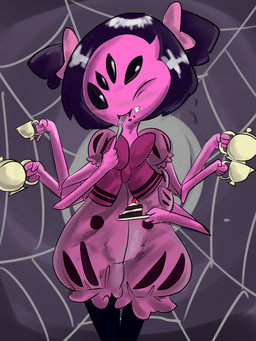 accessory alternative_fashion anthro black_eyes black_hair blush bow_(feature) bow_accessory bow_ribbon clothing container cup cutlery dress eating fangs female fork hair hair_accessory hair_bow hair_ribbon j-fashion kitchen_utensils multi_eye multi_limb one_eye_closed ouji_(fashion) purple_body purple_skin ribbons smile solo tea_cup teapot teeth tools twin_bows twin_hair_bows wink vono undertale undertale_(series) muffet arachnid arthropod spider 2015 3:4 colored hi_res