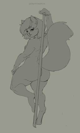 anthro back_groove breasts butt dancing eyebrow_through_hair eyebrows female female_anthro hair half-closed_eyes looking_at_viewer looking_back looking_back_at_viewer narrowed_eyes nude nude_anthro nude_female on_one_leg pole pole_dancing rear_view small_breasts solo standing tail text translucent translucent_hair twitter_handle ruttinren mammal rodent sciurid tree_squirrel 2025 artist_name digital_drawing_(artwork) digital_media_(artwork) full-length_portrait hi_res monochrome portrait sketch