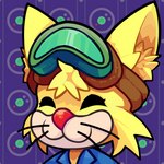 anthro clothing eyes_closed eyewear eyewear_on_head fur goggles goggles_on_head inner_ear_fluff male smile solo tuft whiskers yellow_body yellow_fur bayronbun nintendo warioware spitz_(warioware) felid feline mammal 1:1 2023