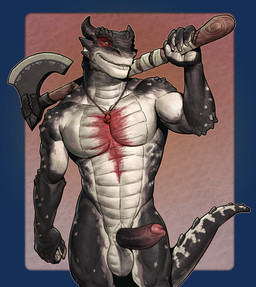 4_fingers animal_genitalia anthro axe balls big_penis biped black_body black_penis claws countershade_torso countershading erection finger_claws fingers genital_slit genitals holding_axe holding_object horn humanoid_penis_in_slit jewelry male male_anthro multicolored_body multicolored_penis muscular muscular_anthro muscular_male necklace necklace_only nude nude_anthro nude_male penis red_body red_penis solo standing two_tone_penis white_body yellow_eyes roamingthrough dungeons_and_dragons hasbro wizards_of_the_coast dragonborn_(dnd) scalie 2025 alpha_channel digital_media_(artwork) hi_res portrait three-quarter_portrait