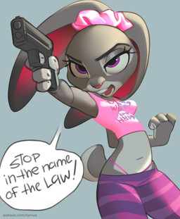 anthro bottomwear breasts clothing dialogue female gun handgun holding_object holding_weapon humor midriff navel open_mouth pants pattern_bottomwear pattern_clothing pattern_pants pistol pun purple_eyes ranged_weapon scrunchie scut_tail shirt short_tail solo speech_bubble striped_bottomwear striped_clothing striped_pants stripes tail text thong thong_straps tight_bottomwear tight_clothing tight_shirt tight_topwear topwear underwear weapon syrrvya disney zootopia judy_hopps european_rabbit lagomorph leporid mammal oryctolagus rabbit 2025 absurd_res digital_media_(artwork) english_description english_text hi_res url