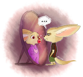 altered_reflection anthro barefoot big_ears biped bottomwear clothing costume duality elephant_costume feet fur furry_wearing_fursuit fursuit hand_in_pocket looking_at_mirror looking_at_object looking_at_self male mirror object_in_mouth pacifier pacifier_in_mouth pockets red_eyes red_nose reflection shirt shorts side_view solo standing tan_body tan_fur topwear yusarang disney zootopia finnick_(zootopia) canid canine fennec_fox fox mammal true_fox 2016