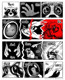 anthro cybernetic_leg cybernetic_limb cybernetics duo female feral grabbing holding_another machine male male/female male/male text nikraccoom guardians_of_the_galaxy marvel lylla_(marvel) rocket_raccoon cyborg human humanoid mammal mustelid otter procyonid raccoon 2023 comic english_text hi_res