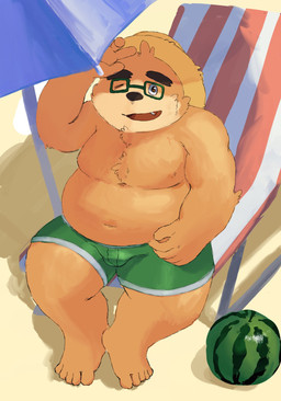 anthro beach belly biped brown_body brown_fur clothing eyewear food fruit fur glasses hat headgear headwear humanoid_hands male melon moobs navel outside overweight overweight_anthro overweight_male plant seaside sitting solo straw_hat swimwear watermelon nanon_1st lifewonders tokyo_afterschool_summoners volos_(tas) bear mammal 2019 hi_res
