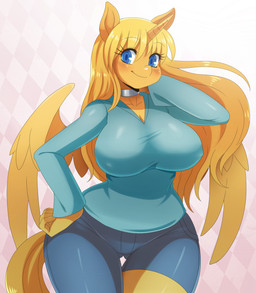 abstract_background anthro big_breasts blonde_hair blue_eyes blush breasts cleavage clothed clothing collar digital_media_(artwork) equine fan_character feathers female fur golden_ticket hair hi_res horn long_hair looking_at_viewer mammal my_little_pony nipple_bulge raised_arm smile solo sssonic2 standing winged_unicorn wings yellow_fur
Rating: Questionable
Score: 15
User: OptimalPrime
Date: November 19, 2014 abstract_background anthro big_breasts blonde_hair blue_eyes blush breasts cleavage clothed clothing collar digital_media_(artwork) equine fan_character feathers female fur golden_ticket hair hi_res horn long_hair looking_at_viewer mammal my_little_pony nipple_bulge raised_arm smile solo sssonic2 standing winged_unicorn wings yellow_fur
Rating: Questionable
Score: 15
User: OptimalPrime
Date: November 19, 2014