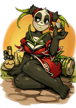 accessory alcohol anthro asian_clothing beverage blush breasts brown_eyes cleavage clothed clothing dress drunk east_asian_clothing female food fur japanese_clothing kimono obi off_shoulder smile solo substance_intoxication bittenhard ankama dofus wakfu bear giant_panda mammal pandawa digital_media_(artwork)