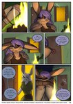 anthro armor blue_eyes brown_body brown_fur bunker campfire clothed clothing comic digital_media_(artwork) duo english_text female feretta fully_clothed fur galetria_joice hair hi_res lagomorph leather leather_armor leporid mammal outside purple_eyes purple_hair rabbit shaded tale_of_tails text url white_body white_fur white_hair