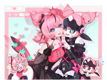 antennae_(anatomy) bent_arm black_choker black_clothing black_dress black_jewelry black_necklace black_wings blue_eyes blush bodily_fluids bow_(feature) breasts chibi choker clothing dotted_background dress face_to_face female female_humanoid green_eyes hair hair_between_eyes happy heart_symbol highlights_(coloring) jewelry machine medium_breasts necklace one_eye_closed open_mouth pattern_background pink_hair shy simple_background skull_accessory sleeveless_dress sparkles sparkling_eyes sweat text wings jilan mihoyo zenless_zone_zero aria_(zenless_zone_zero) angel angel_humanoid humanoid robot 4:3 absurd_res artist_name hi_res