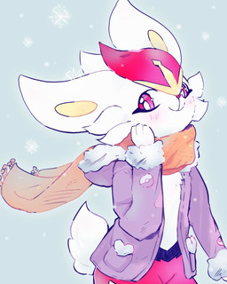ambiguous_gender anthro blush blush_lines clothed clothed_anthro clothing fur looking_back red_eyes scarf simple_background smile snow snowflake snowing solo tail white_body white_fur winter winter_clothing maaomei nintendo pokemon cinderace generation_8_pokemon lagomorph mammal pokemon_(species) 2025 4:5 hi_res signature