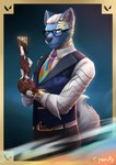 amber_eyes anthro blue_background blue_body blue_clothing blue_fur blue_topwear blue_vest card clothing combover cosplay eyewear fur glasses gold_watch hair long_sleeve_shirt male necktie simple_background solo topwear vest white_hair cyanpy riot_games tencent valorant chamber_(valorant) nero akita american_akita canid canine canis domestic_dog mammal spitz hi_res