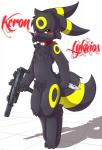 3_toes 4_fingers anthro anthrofied biped blush collar feet fingers gun knife male melee_weapon mp7 pokemorph ranged_weapon semi-anthro shadow simple_background solo toes weapon white_background senz nintendo pokemon fan_character keron eeveelution generation_2_pokemon pokemon_(species) umbreon 2016 absurd_res character_name digital_media_(artwork) hi_res