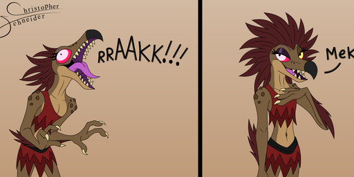 2_panel_comic 3_fingers anthro arm_feathers arm_tuft beak claws clothed clothed_anthro clothed_female clothing dialogue eye_scar eyelashes facial_scar feather_hair feathered_crest feathers female female_anthro finger_claws fingers head_crest heterochromia name_drop pseudo_hair purple_eyes red_sclera scar sharp_teeth solo teeth tongue tuft yellow_eyes christopher_schneider halo_(series) microsoft xbox_game_studios alien avian kig-yar scalie t'vaoan absurd_res colored comic hi_res
