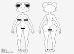 anthro big_eyes black_eyes breasts butt face_mask female glands half-closed_eyes larger_female narrowed_eyes nude sad size_difference skinny skinny_female solo mr_valentine00 amphibian frog absurd_res censored hi_res model_sheet monochrome