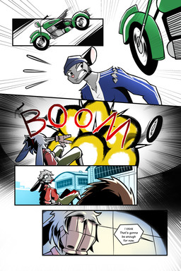 anthro clothed clothed_anthro clothed_female clothed_male clothing cybernetic_arm cybernetic_limb cybernetics dialogue explosion female female_anthro fur grey_body grey_fur grey_hair hair machine male male_anthro motorcycle short_hair vehicle gatonejo tabby_(gatonejo) cyborg lagomorph leporid mammal murid murine rabbit rat rodent 2026 2:3 comic hi_res