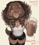 5_fingers anthro bottomwear breasts candy chocolate chocolate_milk claws cleavage clothed clothing container cup dessert drill_curls eyewear female female_anthro finger_claws fingers flavored_milk food fur glasses hair holding_container holding_cup holding_object hotpants legwear looking_at_viewer milk pawpads shirt shorts solo tail tank_top text thigh_highs topwear wearing_glasses puppyypawss puppy_(puppyypawss) canid canine canis domestic_dog mammal 2024 digital_media_(artwork) english_text hi_res